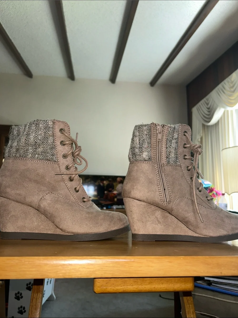 So 6 1/2 Mediun Women's Taupe Wedge Ankle Boots - Knit Collar